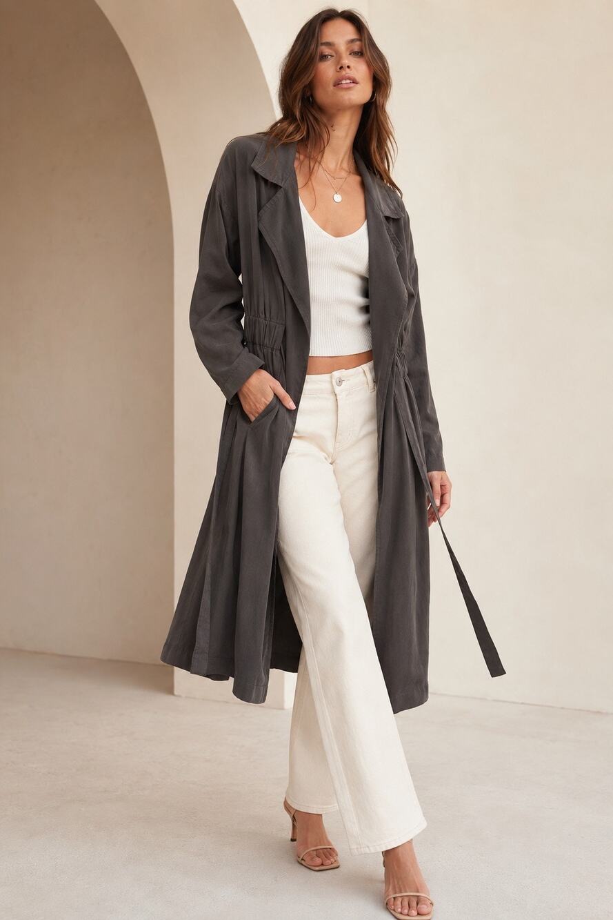 ASTR The Label XS Charcoal Tencel Trench Duster Jacket Tie Waist Open Front Coat